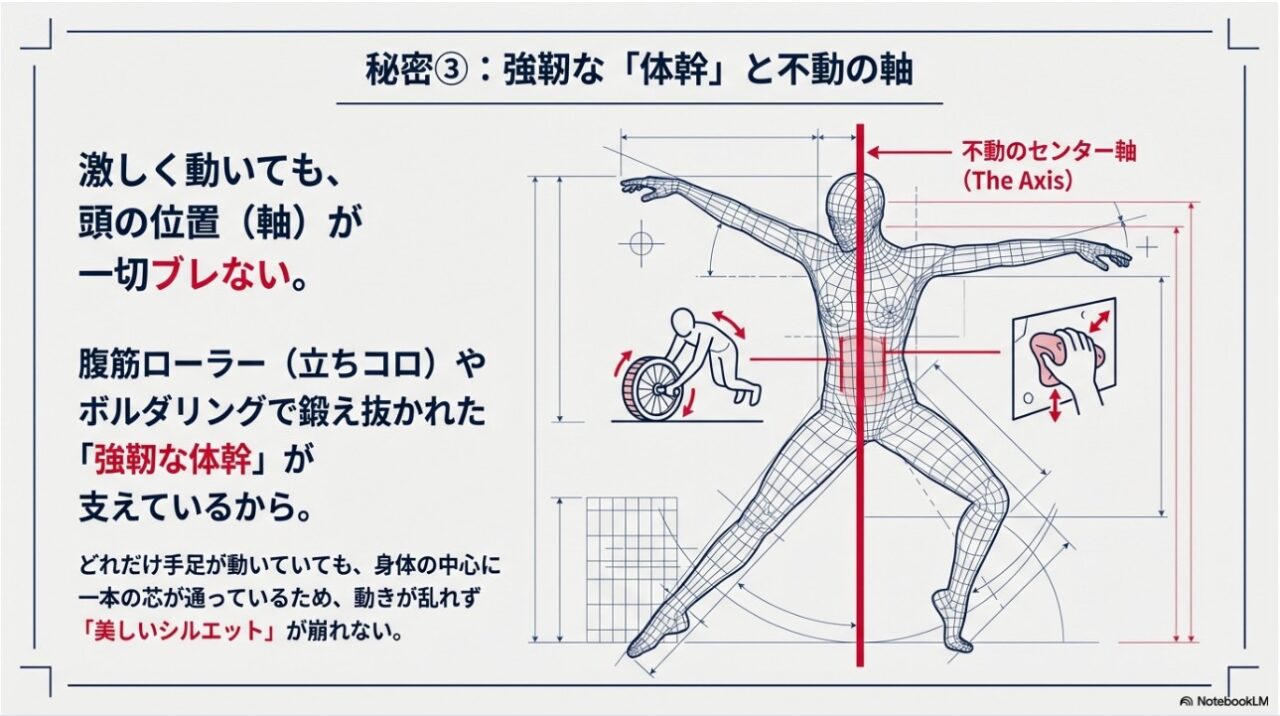 腹筋ローラーやボルダリングで鍛えられた強靭な体幹とブレない軸の構造図