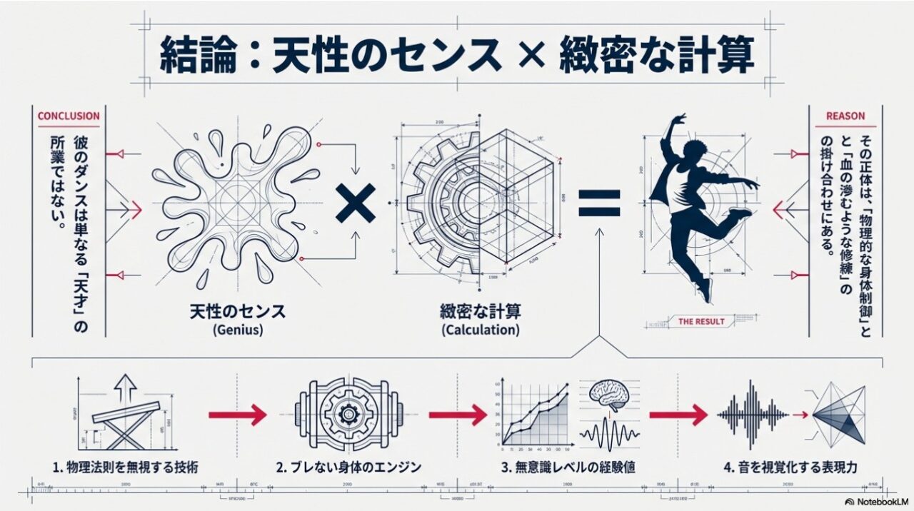 大野智のダンスの正体を「天性のセンス」と「緻密な計算」の掛け合わせで説明する図解