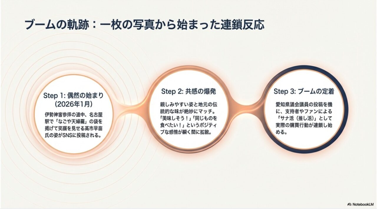 偶然の始まりから共感の爆発、ブームの定着までの3ステップを示したブームの軌跡図