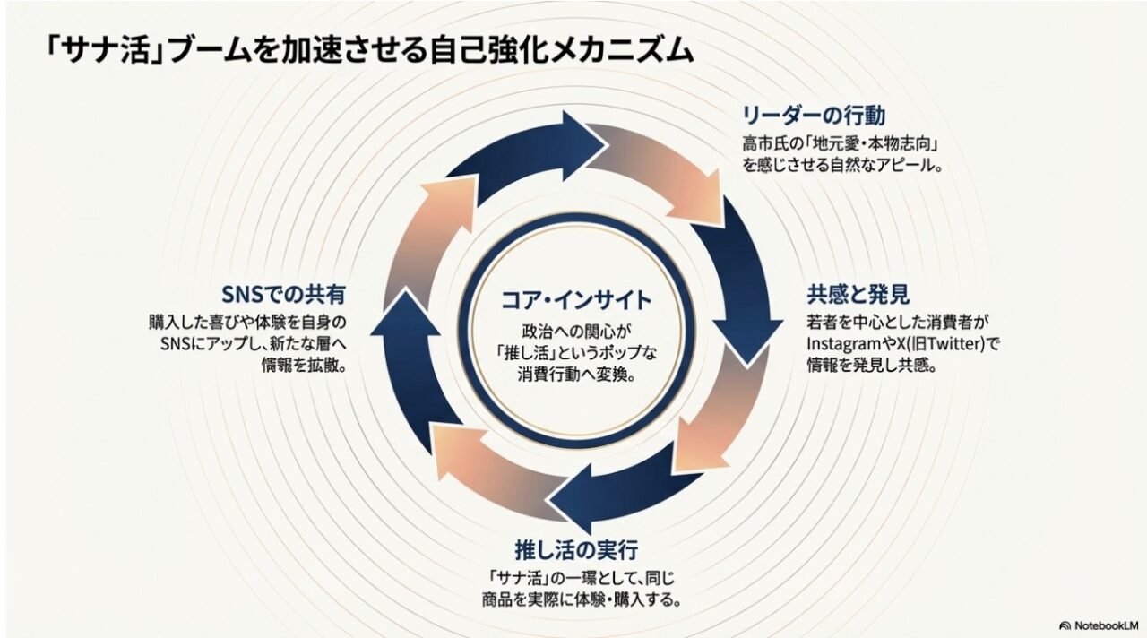 リーダーの行動から共感、推し活の実行、SNS共有へと続くサナ活ブームの自己強化メカニズム図