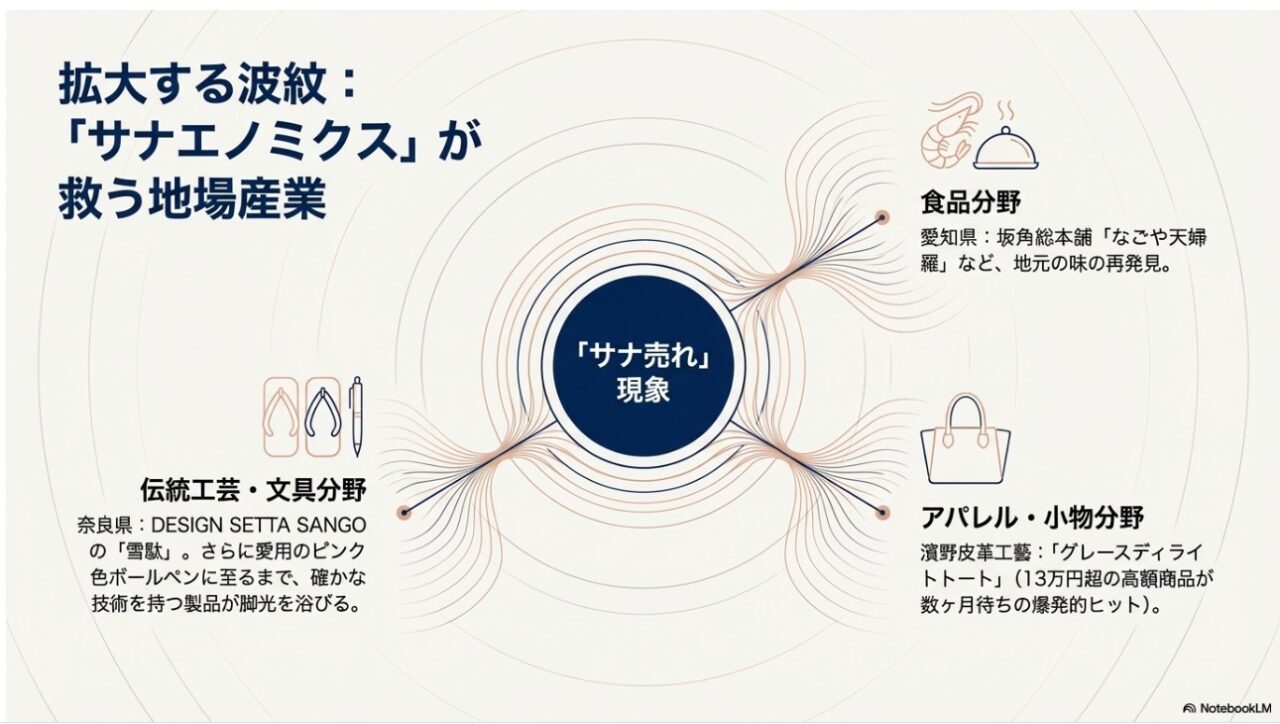 サナ売れ現象が食品、伝統工芸、アパレルなど多分野に拡大する波紋を示した図