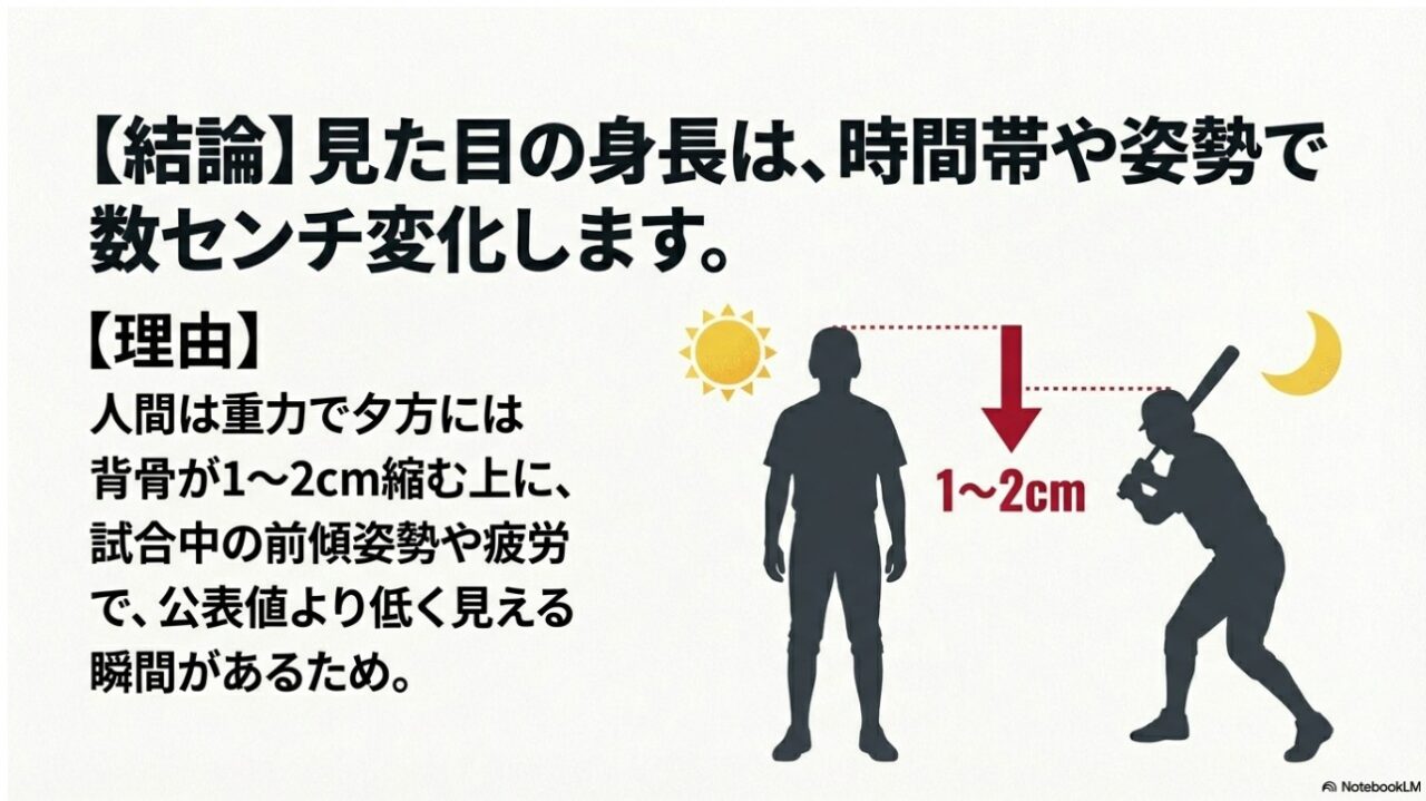 時間帯による背骨の収縮や試合中の姿勢で見ための身長が数センチ変化する理由の図解