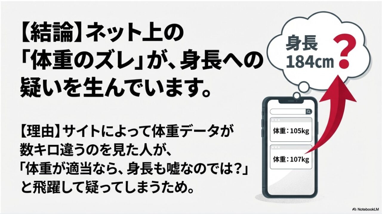 サイトによる体重データのズレが身長への疑いを生んでしまうメカニズムの解説画像