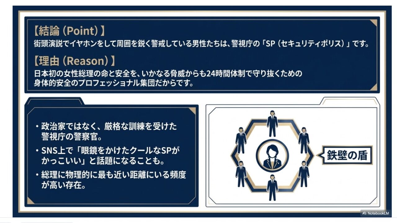 警視庁SP（セキュリティポリス）が総理の周囲を固める「鉄壁の盾」の解説図