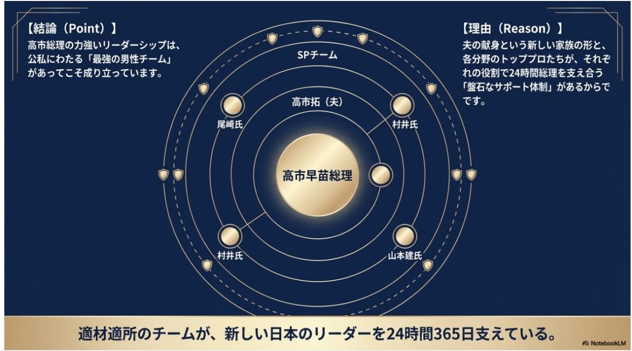 高市総理を中心に夫・側近・SP・家族が配置された最強の男性チームサポート体制図