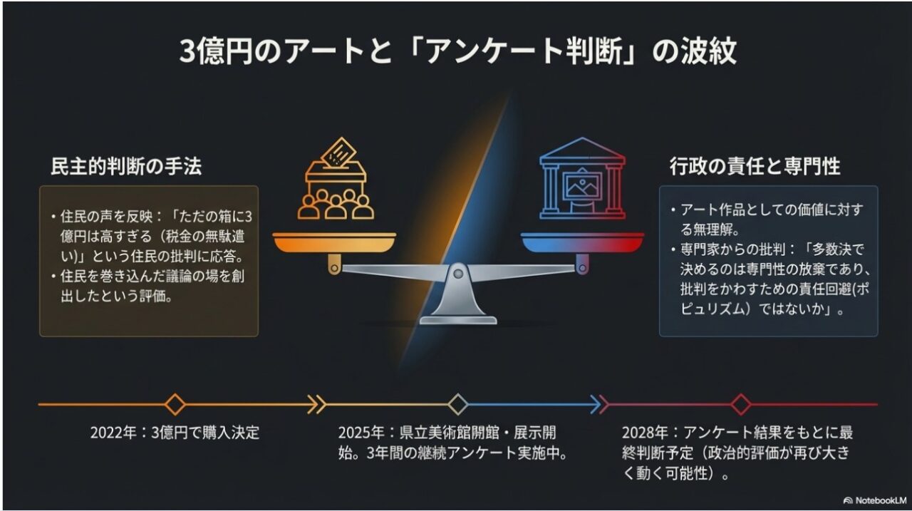 3億円のアート購入を巡る「民主的判断」と「行政の専門性」のバランスを問う図解