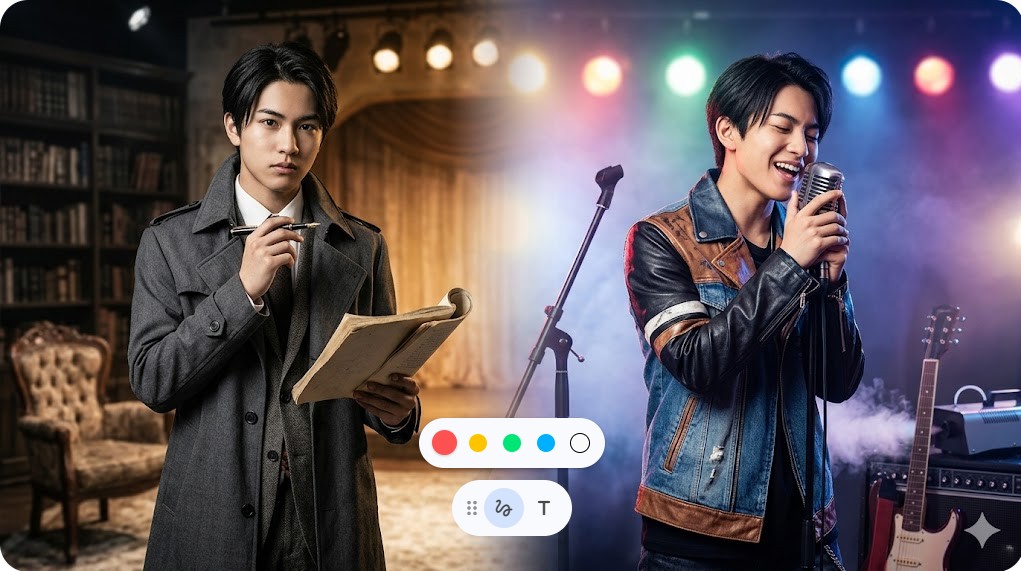 俳優としての真剣な表情と、歌手として情熱的に歌う姿が融合したコンセプト画像。