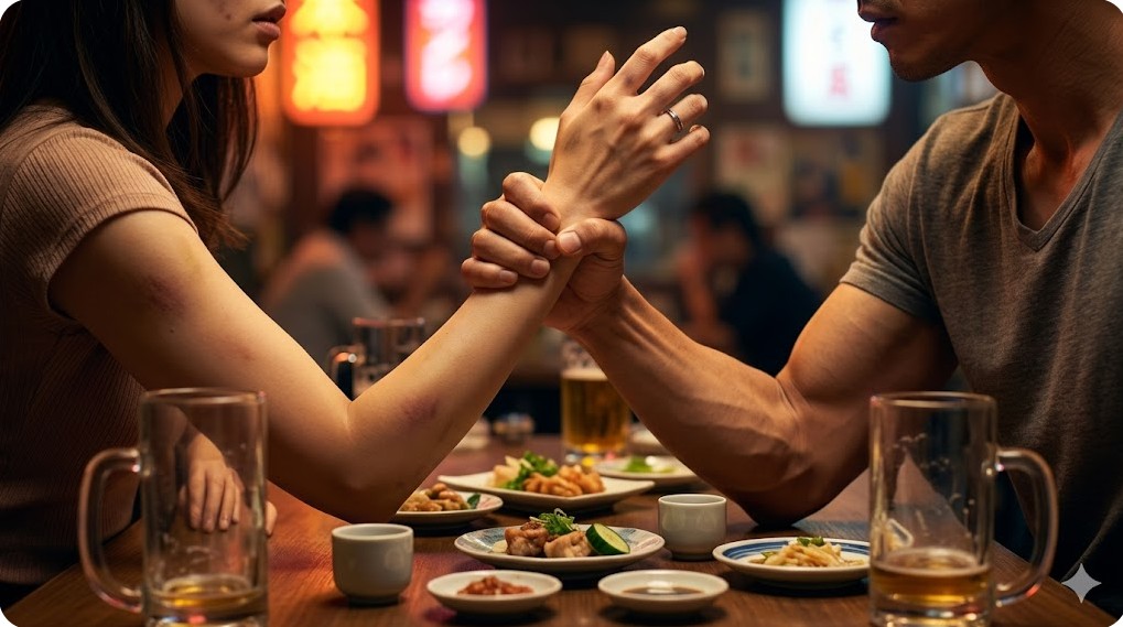 お酒を飲みながら男性と激しい口論になり腕を掴まれている日本人の女性