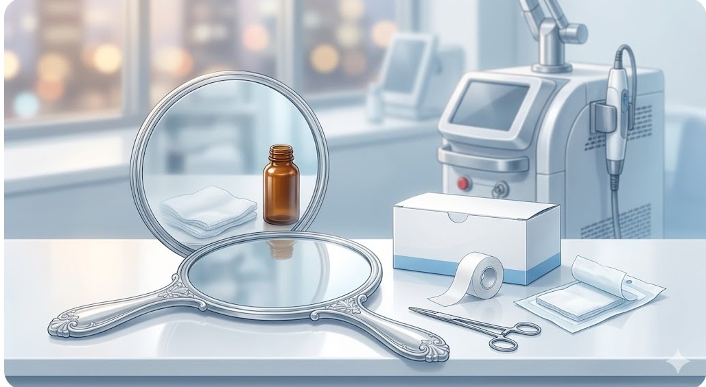 美容クリニックの診察室に置かれた手鏡と医療用の包帯やガーゼ