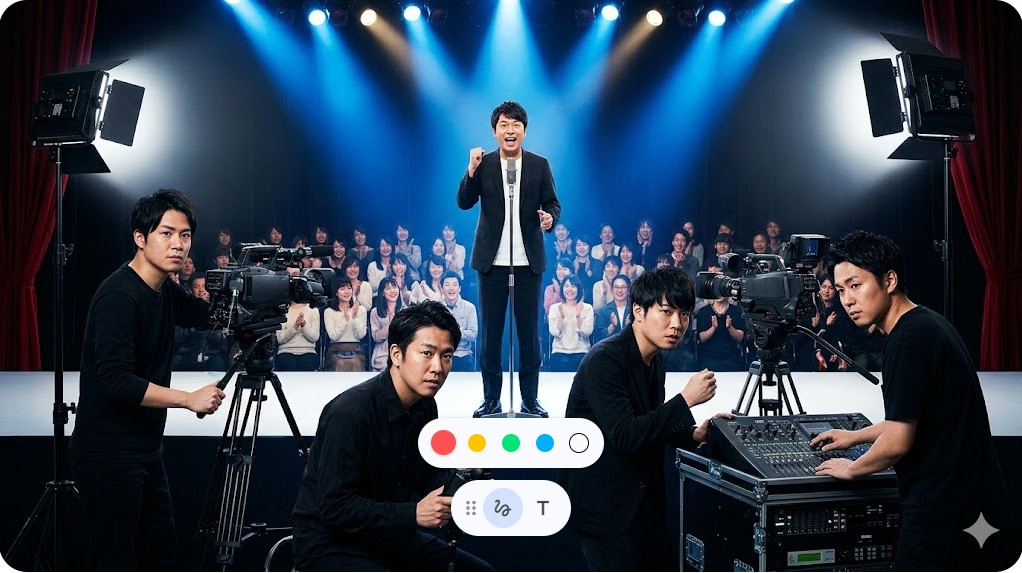 ステージ上の江頭2:50を撮影する制作チーム「ばんぺいゆ」のカメラマンと音響スタッフたち。