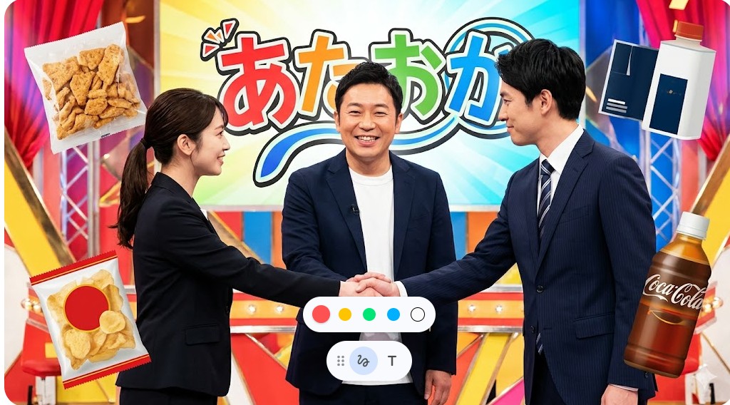 「あたおか」ファンに見守られ日本人男性芸人と企業クライアントが握手するイメージ。