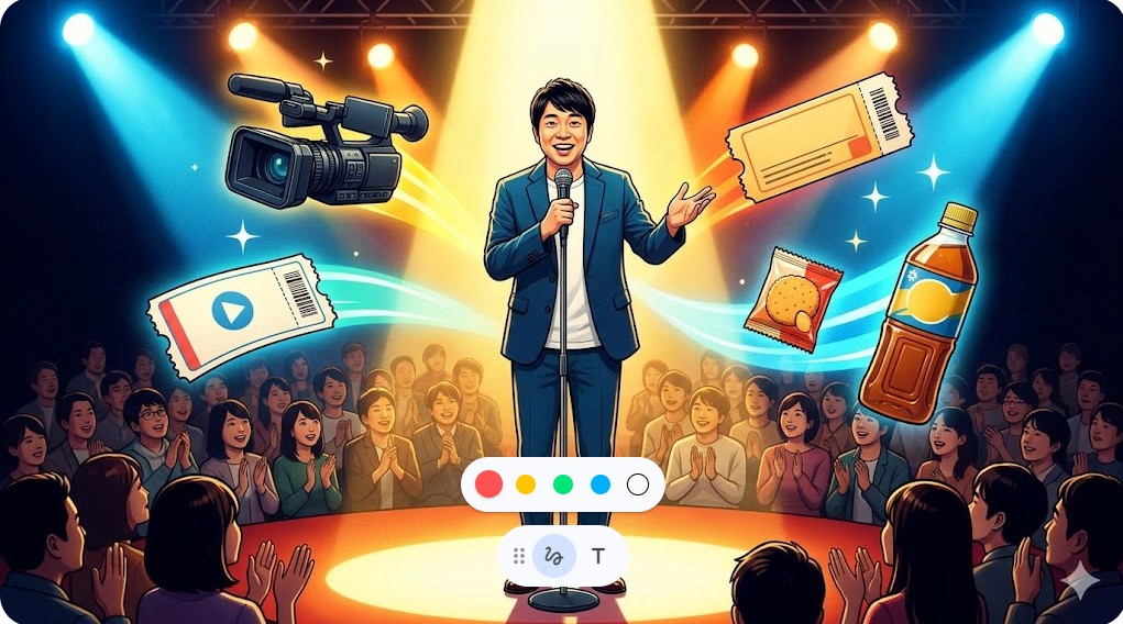 日本人男性芸人のステージにカメラ、チケット、お菓子、飲み物が浮かぶ、多角化する収益源を表現。