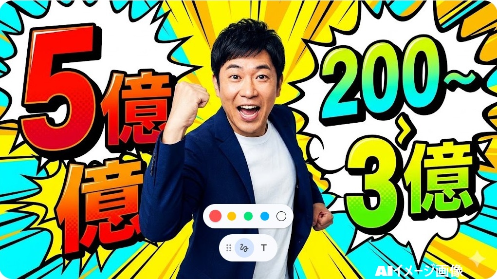 江頭2:50の登録者数500万人突破と推定年収2〜3億円を祝う日本人男性芸人のイメージ。