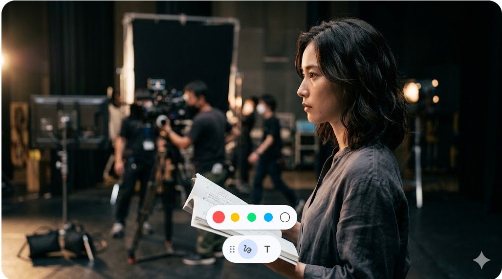 撮影現場の暗がりの中で真剣な表情で台本を読み込む女優の横顔イメージ