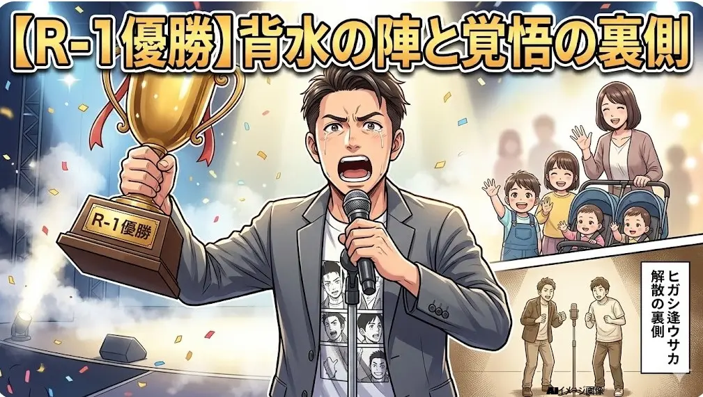 R-1王者今井らいぱちのイラスト。優勝、解散、家族、素顔のデータを1枚に凝縮したまとめ画像。