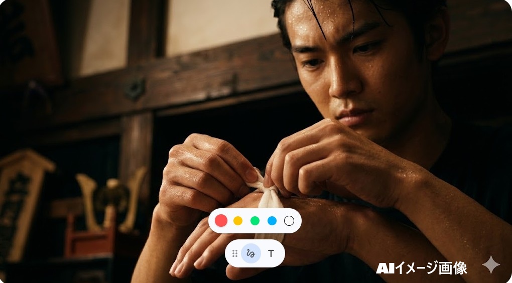 伝統芸能の稽古に励む、真剣な表情の若い日本人俳優。汗が光り、手元に集中している。