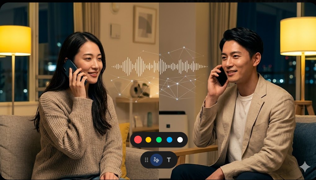 離れた場所からスマートフォンを通じて会話する男女と音声波形のグラフィックイメージ