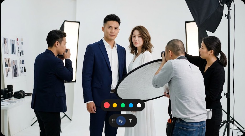 白い撮影スタジオで照明機材に囲まれながらポーズを決める元モデルの男女