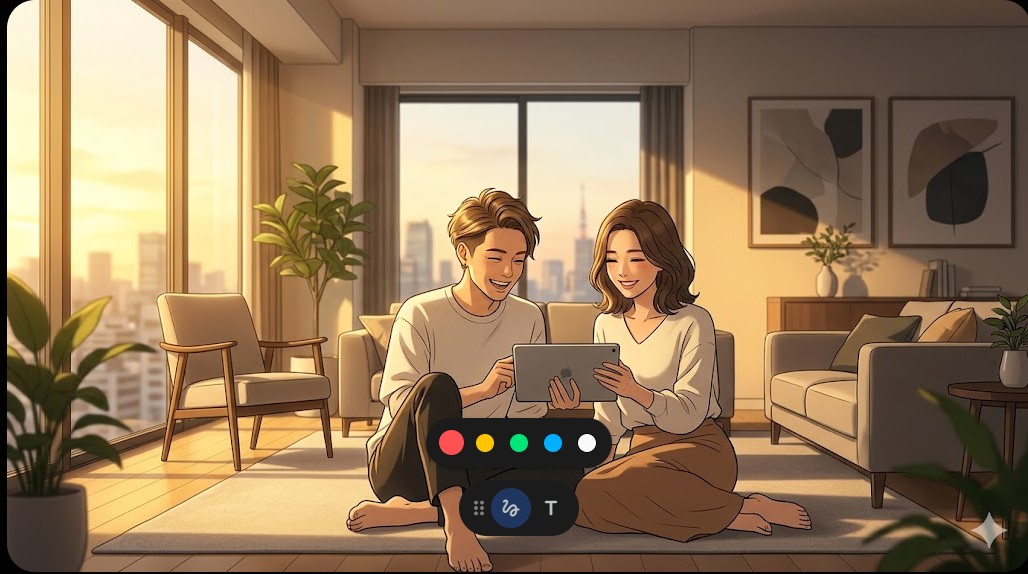 夕日の差し込む洗練されたリビングでタブレットを見ながらくつろぐ夫婦のイラスト風イメージ