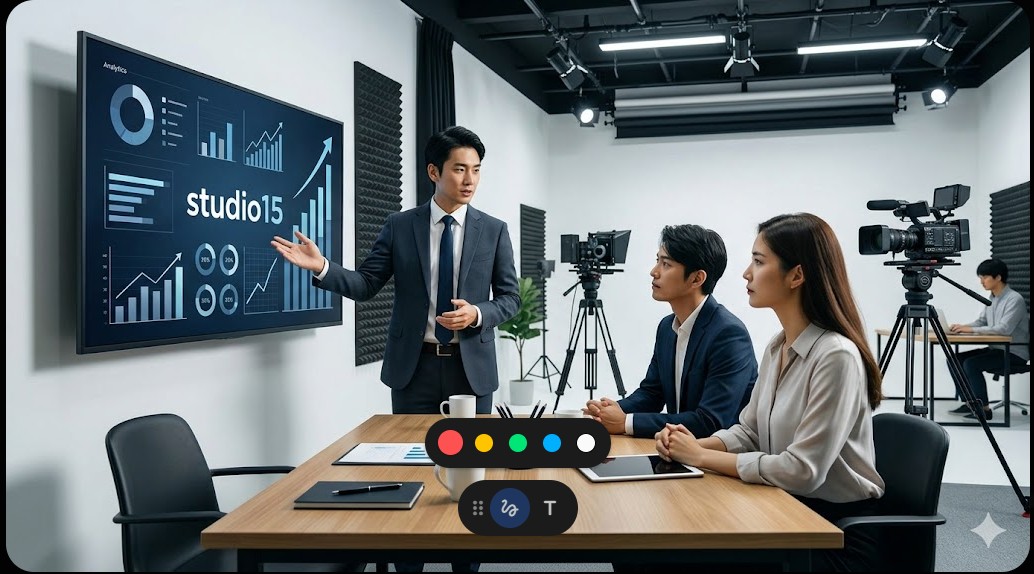 本格的なスタジオ機材がある会議室でチャートを見ながら打ち合わせをするビジネス風景