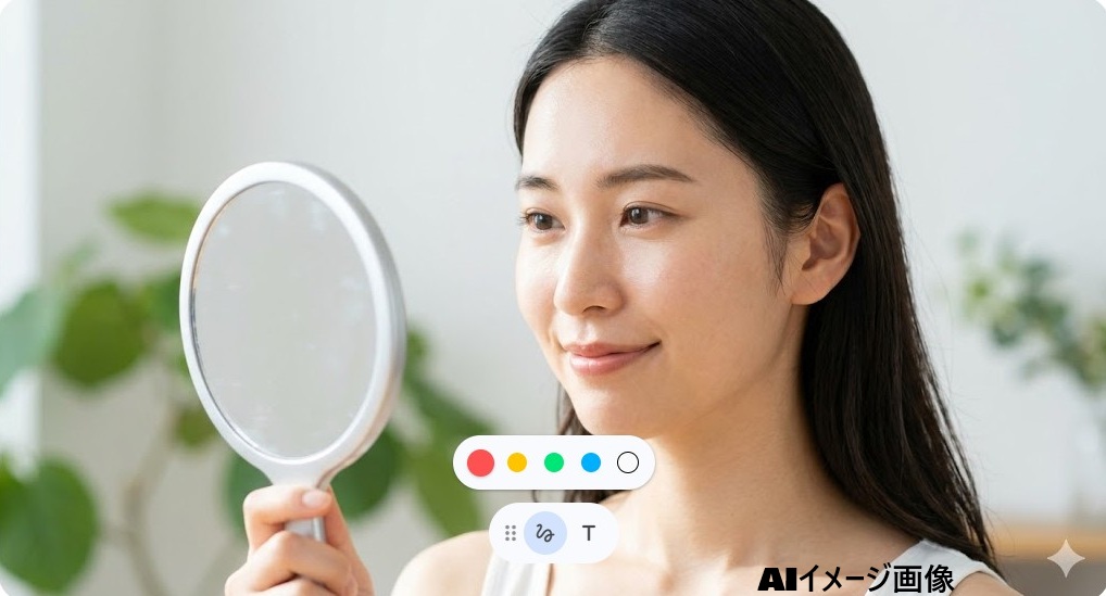 手鏡で自分の素顔を確認して微笑む日本人女性