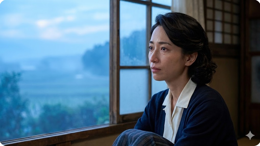 朝の光が差し込む和室の窓辺で、涙を流しながら遠くを見つめる情緒的な日本人女優の横顔