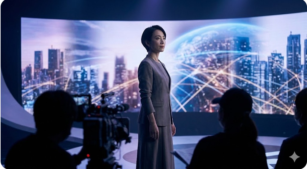 近代的なビルの夜景やデジタルデータが投影された巨大スクリーンの前で、凛とした表情で立つスーツ姿の女優