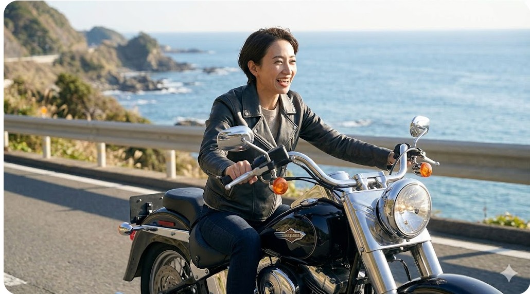 晴天の海岸沿いの道を、黒い大型バイクで颯爽と走り抜けながら満面の笑みを浮かべる女性