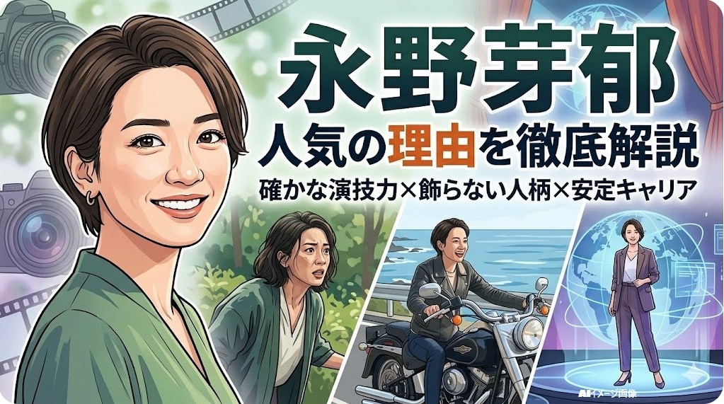 「永野芽郁人気の理由」を解説するアイキャッチ。演技、バイク趣味、海外活動のイラスト。