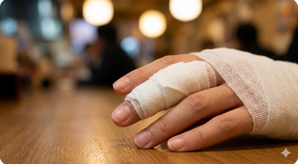 居酒屋のテーブルに置かれた、中指が包帯とギプスで固定された女性の手