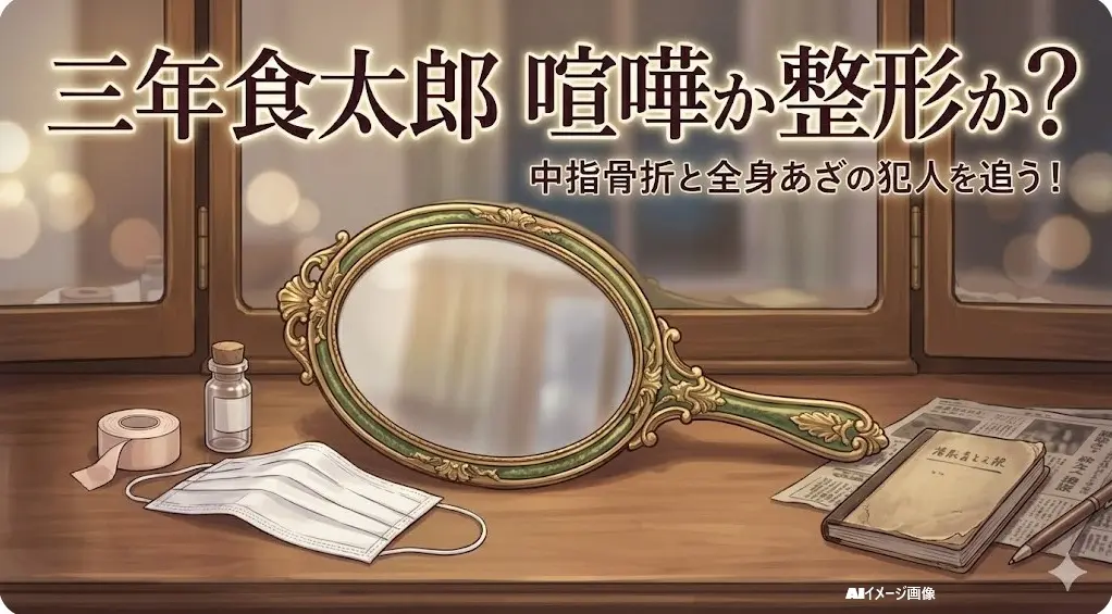 美容クリニックの診察室で、鏡、包帯、医療機器、証拠物件。整形ダウンタイム、健康上の理由を暗示。