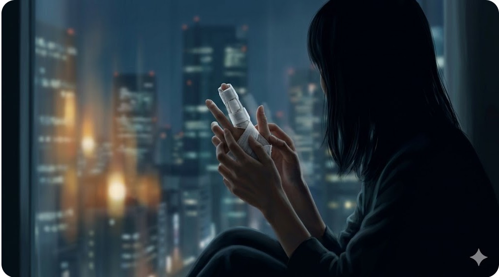 都会の夜景を窓越しに見つめながら中指の怪我をさする女性のシルエット